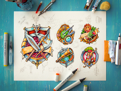 Icons game icon illustration metal paper pencil sketch sword wood