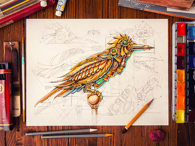 Steampunk Bird bird book energy glass glow metal paper pencil shine steampunk texture wood