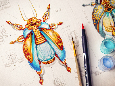 Bugs (Rezonum & Collectoris) bug character energy glass gold illustration liquid metal paper pencil sketch steampunk