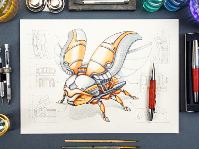 Bug character game gold icon metal paper pencil sketch steampunk