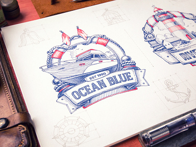 Ocean Blue badge branding identity lighthouse logo logotype sketch tourism travel type typography yacht