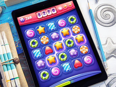 iOS Game / Match-3 button candy game glass glow interface ios ipad iphone saga shine sketch