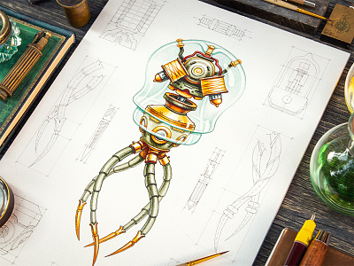 Steam-powered jellyfish copper glass gold iron jellyfish metal paper pencil sketch steampunk wood