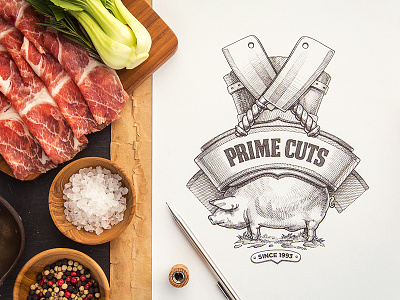 Prime Cuts branding food identity logo logotype meat paper pig ribbon sketch typography