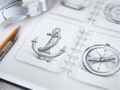 Sketch anchor compass concept design fish headphones icon notepad paper pencil rusty sea sketch