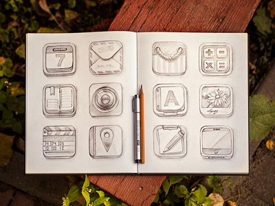 Icon set (sketch) app bag book box calculator calendar camera card concept flower icons ios iphone letter mail package paper pen pencil photo pin prototype set sketch wood