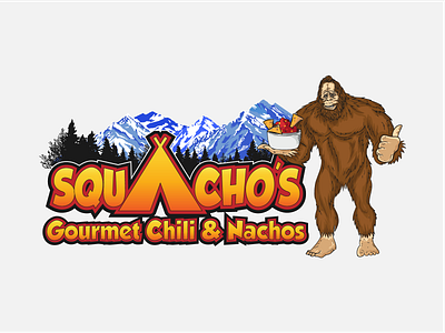 Playful logo for Squachos Gourmet Chili and Nachos bigfoot branding design gourmet graphic design illustration logo nachos vector