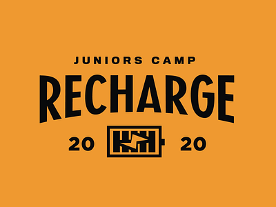 Recharge 2020 badge battery charge electric juniors kids lockup logo retreat typography youth camp youthcamp