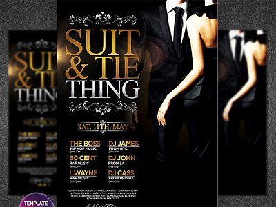 Suit and Tie - The Party Flyer Template affair all black anniversary black black and white classic classy deluxe dress elegant event flyer grandelelo ladies night party poster psd rich suit suit and tie template vip