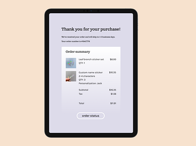 Email receipt - order summary and confirmation button check confirmation daily ui dailyui017 design ecommerce email interface mobile order product receipt responsive shop status sticker tablet ui