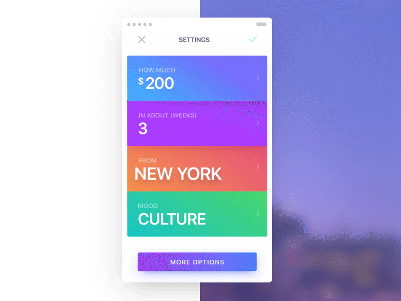 Color Settings transition @ Travel app by Fantasy aep app color fantasy ios newyork number settings tinder travel ui ux