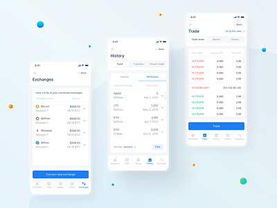 Fintech Mobile App — Exchanges, History, Trade crypto crypto app cryptocurrency deposit exchanges history light mode market mobile mobile app mobile design order book product design trade trading transactions transfers ui ux withdraw