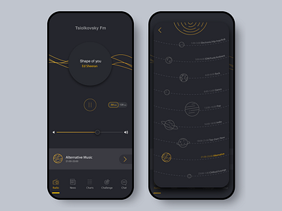Tsiolkovsky Radio app audio dark app design music planet radio solar system sun ui
