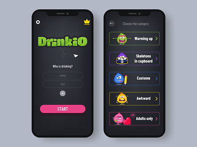 Drinkio app category character design drinking funny game game art illustration ios mobile quiz ui vector