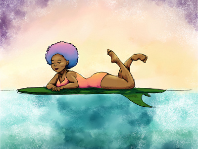 Surfer Chick afro board mixed media paint photoshop salt surf watercolor