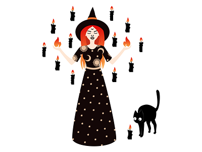 Witch Vector Illustration for Halloween black cat candles character design graphic design halloween illustration magic vector witch