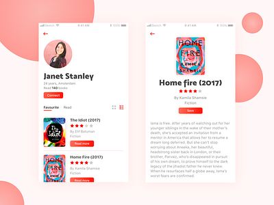 My books profile app design detail favourite mobile profile read save