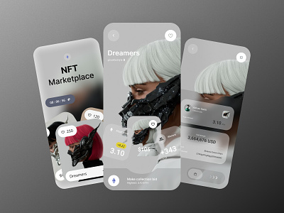 NFTs Marketplace - App Design app appui art bitcoin blockchain branding crypto cryptoart cryptocurrency design marketplace mobile app mobile app design mobile design nft nftapp nftart nftmarketplace uiux web 3.0