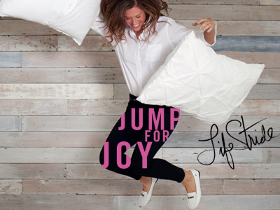 Jump for Joy ad advertisement jumping pillows shoes weathered wood