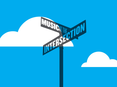 Music at the Intersection logo clouds perspective sky street sign