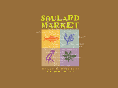 Soulard Market brand ID fish flower market rooster sweet potato turnip