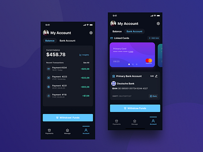 Outpay - My Account - Dark Mode balance bank banking card clean ui credit card dark dark app dark mode debit figma finance ios14 minimal mobile app design payment ui ui design user profile ux