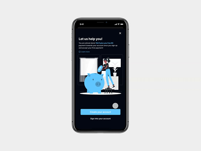 Outpay - Create Account Experience - Dark Mode animation clean ui create account dark app dark ui dribbble figma iphone mobile app design onboarding prototype setup sign up trending ui ui ux ui design uiux ux ux design