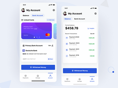 Outpay - My Account - Light Mode balance banking clean ui credit card debit debit card figma finance finance app fintech ios14 minimal mobile app design trending ui ui design user profile ux ux design wallet ui