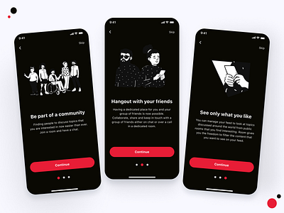 Social Media Onboarding - Dark UI app design dark app dark mode dark ui figma ios app design ios14 mobile app design new onboarding onboarding flow onboarding illustration onboarding screens onboarding ui sign up ui trending ui design user interface ux design ux designs