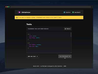 CSS Optimizer — Error State code editor syntax tool dark dark theme dashboard error message floating navigation input input field night theme one page website outline button