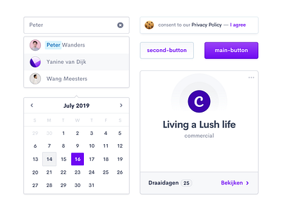 ProductionKit — Stylekit Components button states calendar component cookie message design system dropdown library purple ui elements style kit ui card