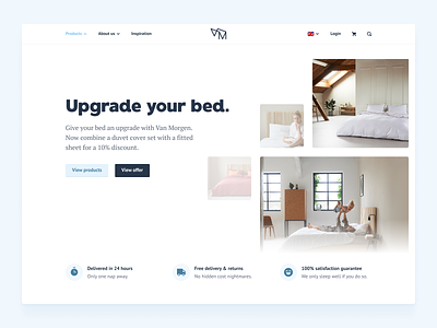Van Morgen — Homepage bedroom webshop buy homepage image carousel landing page language selector marketing site minimal hero image one page website