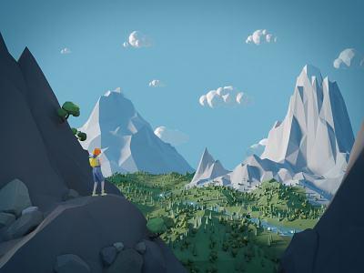 Journey: lowpoly landscape art 3d discovery environment exploring forest girl hiker hiking hills illustration landscape low poly lowpoly model morning mountains polygons river tourism tourist