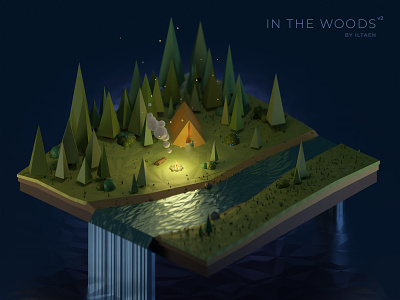 In the woods v2 3d backpack bonfire design fishing forest game hiking illustration jorney low poly lowpoly model night river survival tent travel trees woods