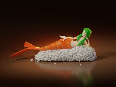 Lowpoly mermaid on sushi 3d character food foodporn game asset girl illustration low poly lowpoly mermaid model sushi