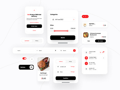 Food Delivery App - UI Components buttons components design system elements fields food delivery food delivery app food delivery kit input kit menu minimal navigation tabs ui ui design ui kit ui kits userinterface ux