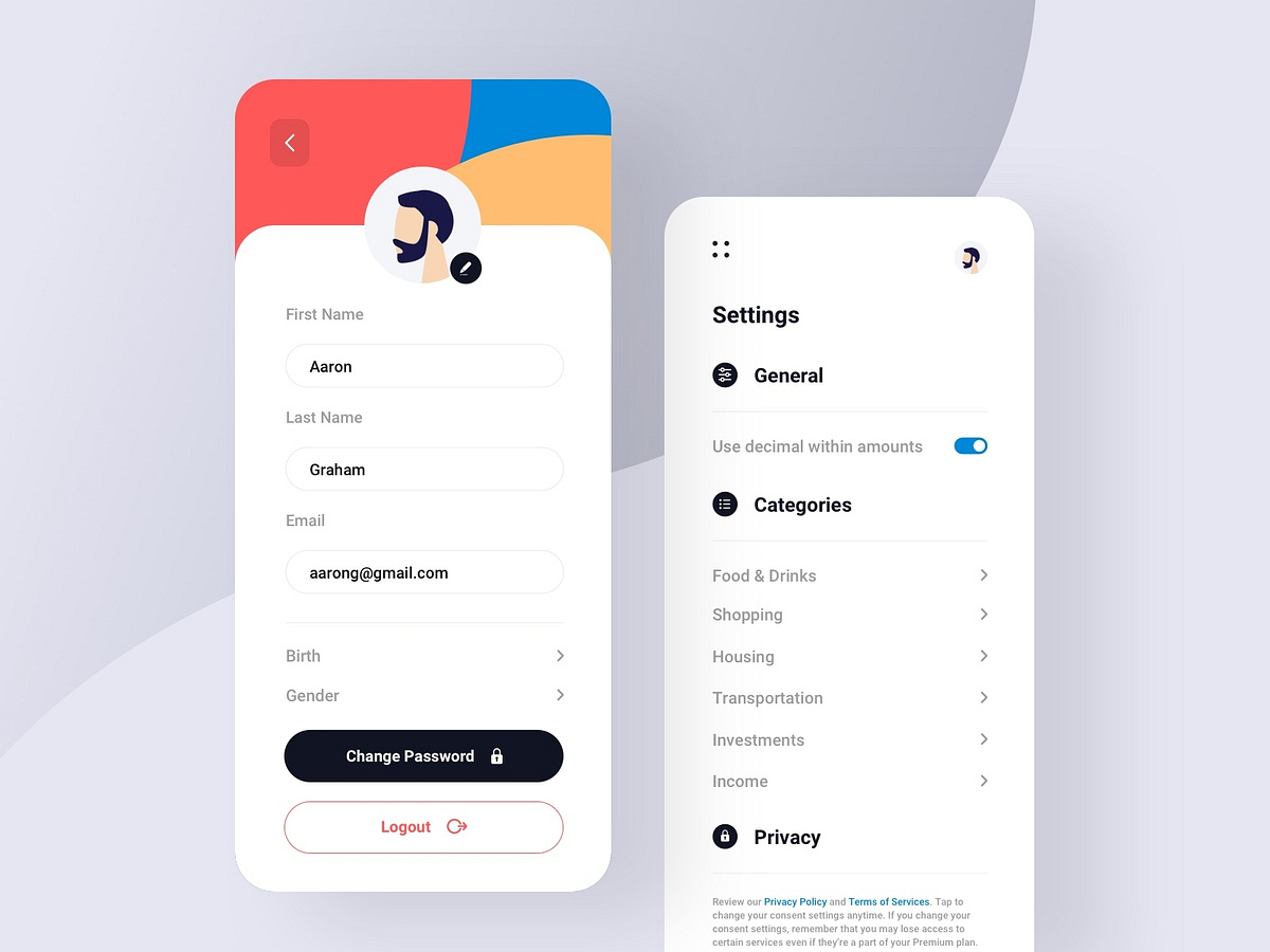 Profile & Settings Screens by Johnny Kyorov on Dribbble