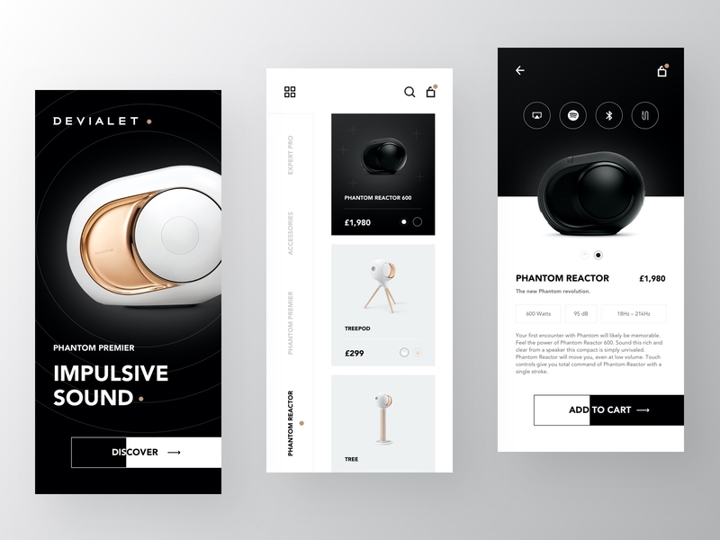 Devialet Speakers - Main Screens add to cart app design clean dark ecommerce ecommerce app fashion fashion app futuristic gradients interaction interface minimal products shop speakers store ui ui design ux