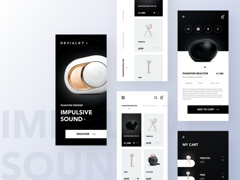 Devialet Speakers - All Screens add to cart app design checkout clean dark ecommerce ecommerce app fashion app futuristic gradients interaction interface minimal products shop speakers store ui ui design ux