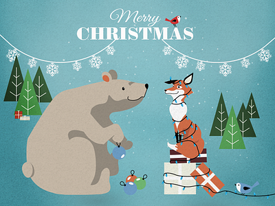 Merry christmas card bear bird christmas fox holiday illustration light xmas