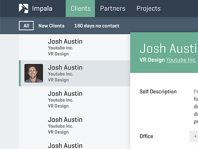 Impala UI - First Draft crm draft impala interface listing profile user interface webapp webdesign wip