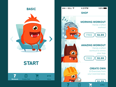 Lazy Monster app character fitness interface ios minimal mobile shop ui