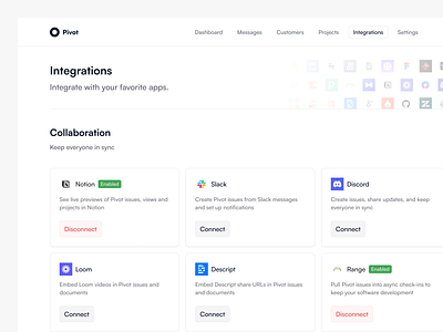 Integrations Page app apps clean dashboard design integrated integration integrations integrations settings minimal minimalist preferences product design profile saas saas dashboard setting page settings ui ux