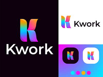 Kwork K Letter Gradient Abstract Logo Design Concept brand identity colorful logo creative logo design gradient logo graphic design illustration k letter logo kwork logo logo logo design