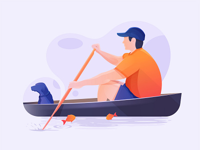 Paddling Time blue boat character color digital art digital illustration dog figure fish illustraion life man nature orange paddling people river