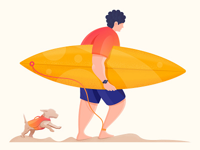 Surf Time beach blue character digital illustration digitalart dog enjoying figure free time funny illustration man orange surf surfboard