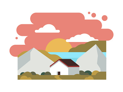 Settling in for Life with Dribbble architecture buildings illustration mountains nature sunset valley vector water