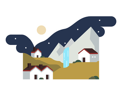 Living Mountainous architecture buildings illustration mountains nature nightime valley vector waterfall waterfalls