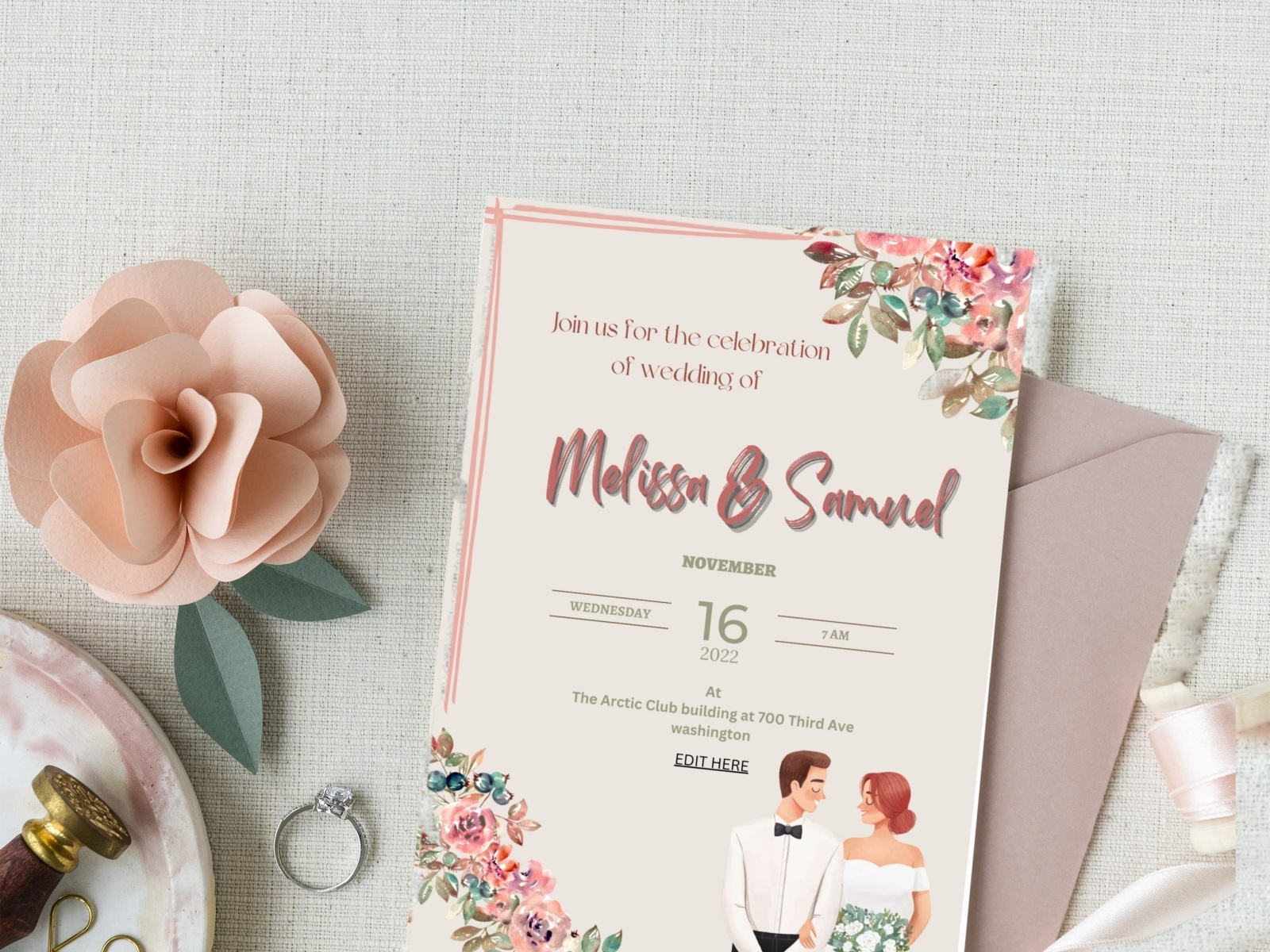Wedding Invitation Template, Simple Elegant Printable editable by