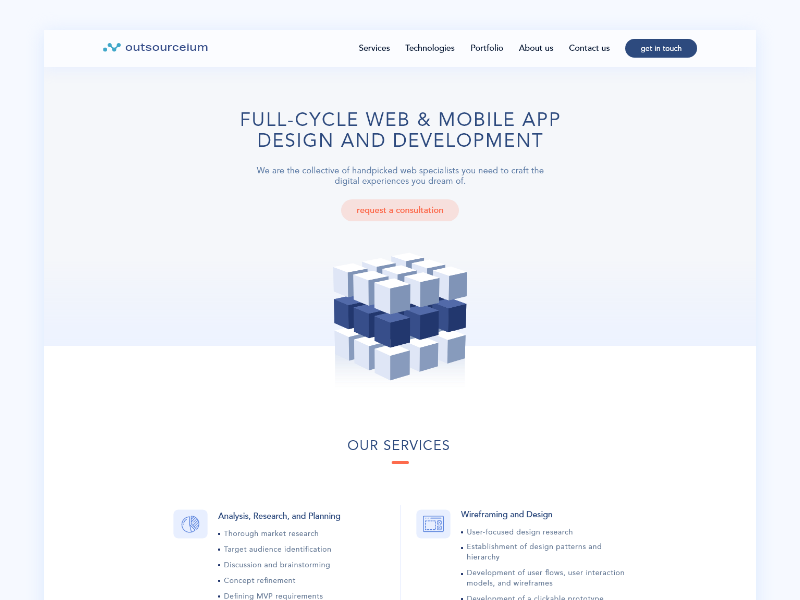 Outsourceium development company website design tech team interface product blue cube vector minimalistic clean ui design ui website technology developing agency company landing software develop development